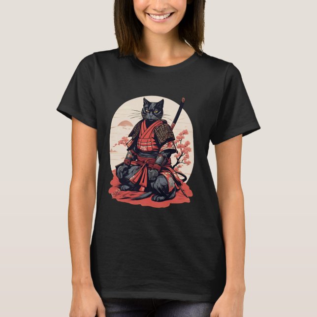 Camiseta de Guerrero de Gato Samurái Retro Japonés (Anverso)
