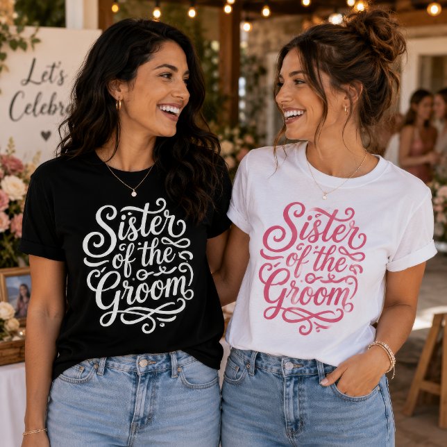 Camiseta de guión de la fiesta de boda Hermana del (Text color is customizable.)