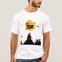 Camiseta de Halloween de Bruja Volando con Calabaz