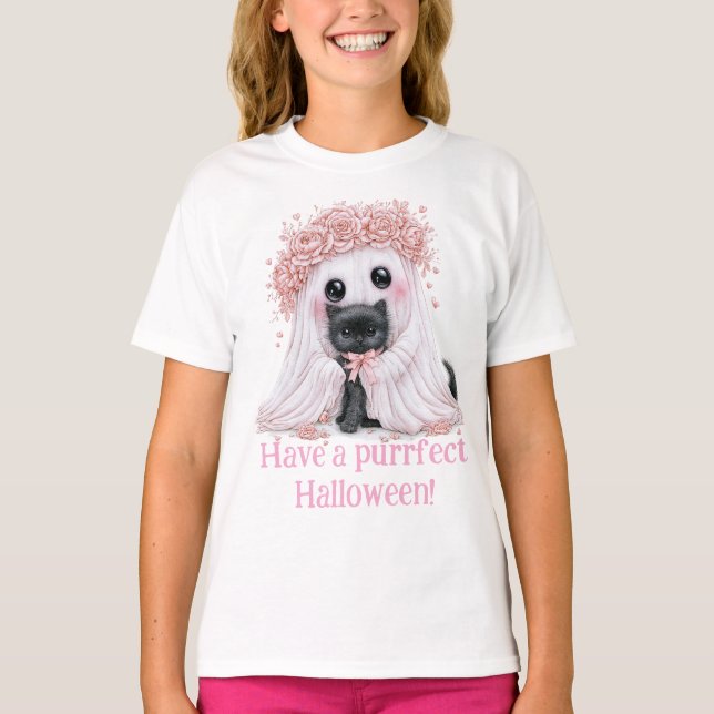 Camiseta de Halloween de fantasma de gatito negro  (Anverso)