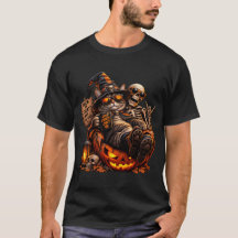 Camiseta de Halloween de Gato Bruja y Esqueleto Ge