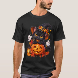 Camiseta de Halloween de gato negro y calabaza