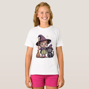 Camiseta de Halloween de niña bruja con gato