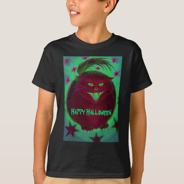 Camiseta de "Happy Halloween", un gato asustado (Anverso)