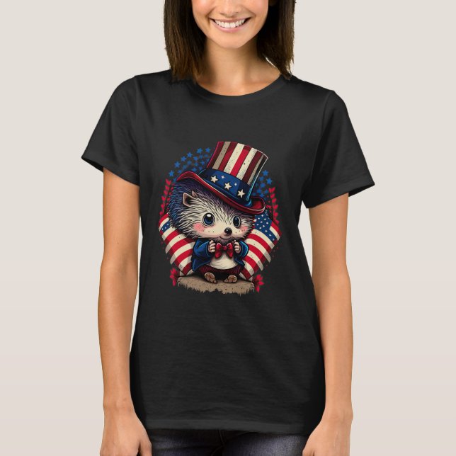 Camiseta De Julio Patriótico Hedgehog Bandera Estadounidens (Anverso)