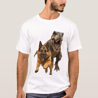 Camiseta de la batalla épica entre perro y dinosau