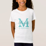 Camiseta de la dama de honor junior de Monogram jr<br><div class="desc">Monograma jr personalizado. dama de honor menor de camisetas | colores azul turquesa y blanco. Tees monogramados con nombre personalizado en texto de guión elegante. Personaliza para novias, damas de honor, chica de flores, criada de honor, matrona de honor, madre de la novia, etc. Una idea muy acertada para la...</div>