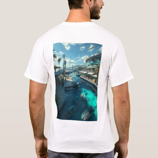 Camiseta de la escena del atardecer en la ciudad c (Reverso)