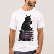 Camiseta de libros de café de gato negro lindo