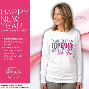 Camiseta de manga larga apilada rosa Feliz Año Nue