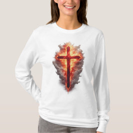 Camiseta de manga larga con cruz cristiana en llam