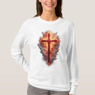 Camiseta de manga larga con cruz cristiana en llam