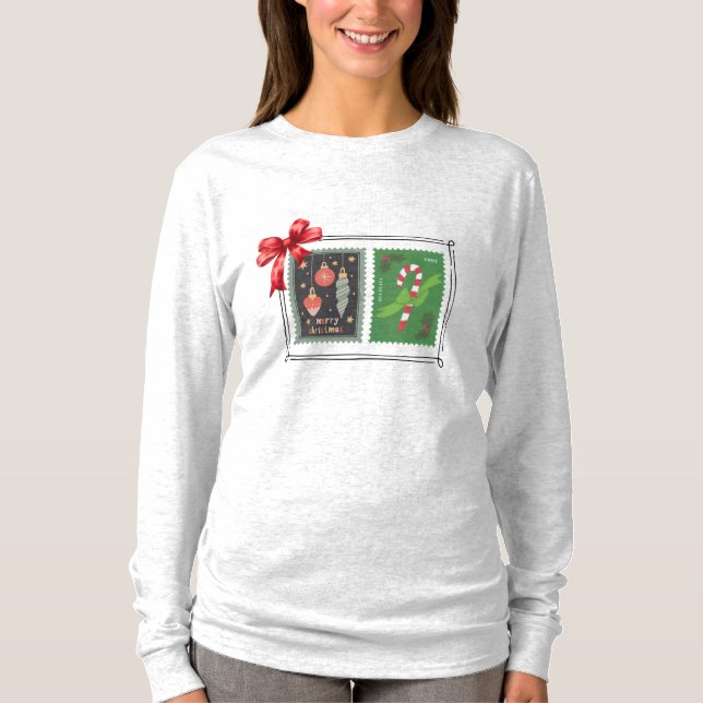 Camiseta de manga larga con sellos navideños retro (Anverso)