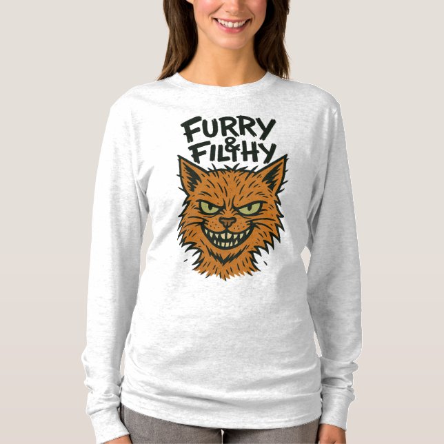 Camiseta de manga larga de gato "Furry & Filthy" (Anverso)
