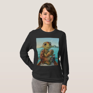 Camiseta de manga larga de tortuga linda bebiendo
