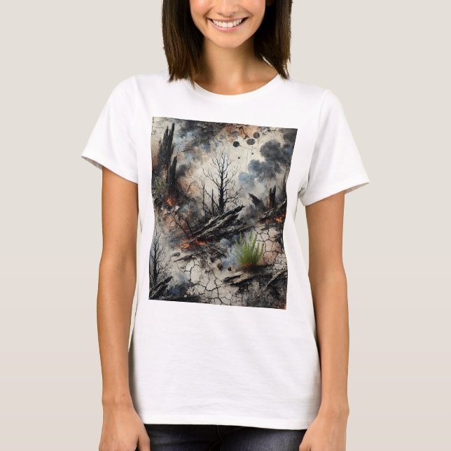 Camiseta de mujer artística tras incendio (Anverso)