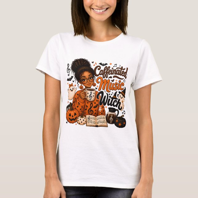 Camiseta de mujer bruja cafeinada profesora de mús (Anverso)