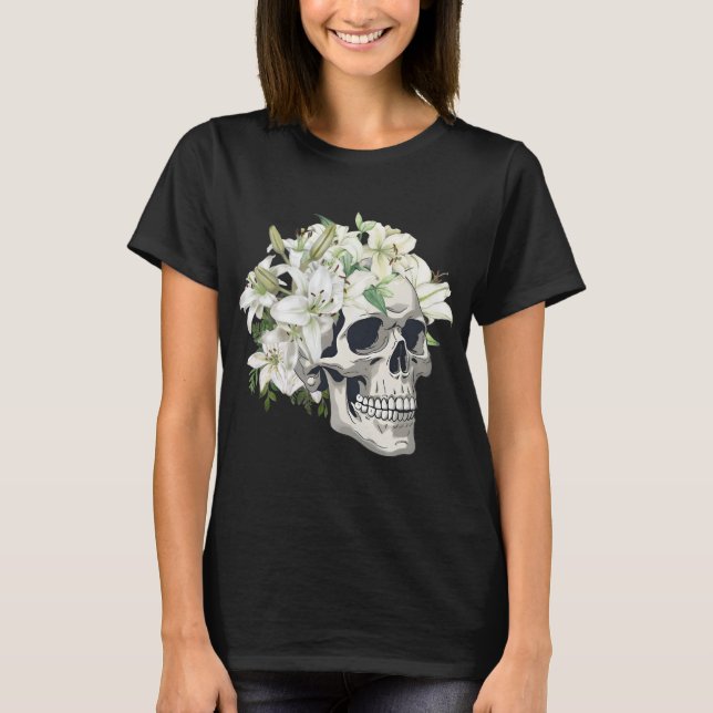 Camiseta de mujer CALAVERA CON LIRIOS BLANCOS (Anverso)