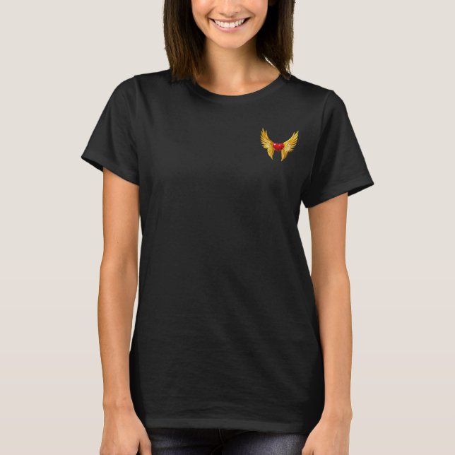 Camiseta de mujer con alas doradas y corazón rojo  (Anverso)