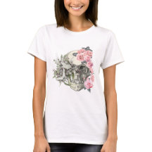 Camiseta de mujer con calavera y rosas rosadas