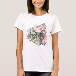Camiseta de mujer con calavera y rosas rosadas