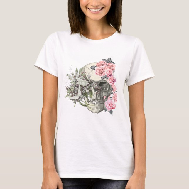 Camiseta de mujer con calavera y rosas rosadas  (Anverso)