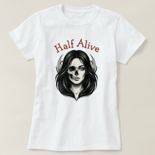 Camiseta de mujer con cráneo gótico medio vivo