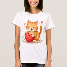 Camiseta de mujer con gato amarillo sosteniendo co