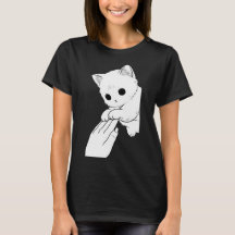 Camiseta de mujer con gato blanco lindo jugando co
