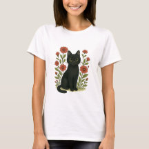 Camiseta de mujer con gato negro y jardín de flore