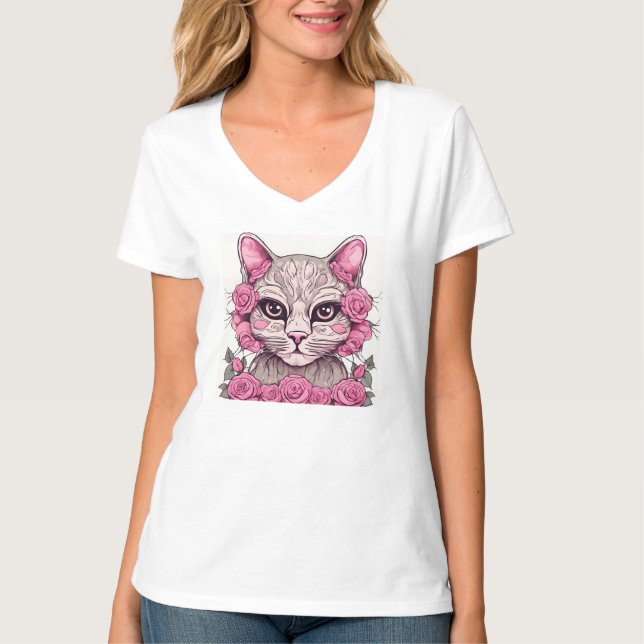 Camiseta de mujer con gato y rosas rosadas (Anverso)