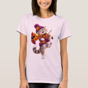 Camiseta de mujer de violín de gato otoño acogedor