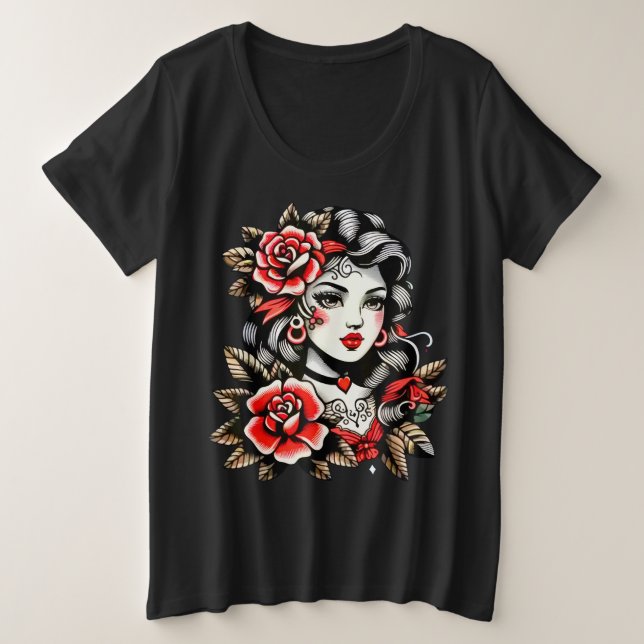 Camiseta de mujer talla grande con rosas (Anverso del diseño)