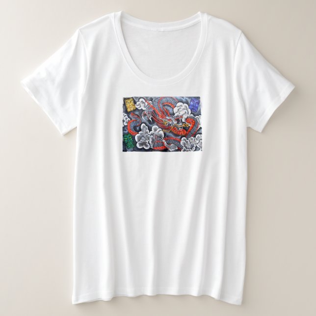 Camiseta de mujeres más TAMAÑO con dragón japonés (Anverso del diseño)