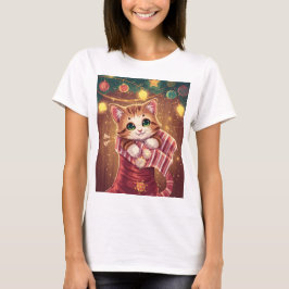 Camiseta de Navidad con Gato Adorable en Calcetín