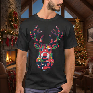 Camiseta de Navidad con suéter feo de reno pixel