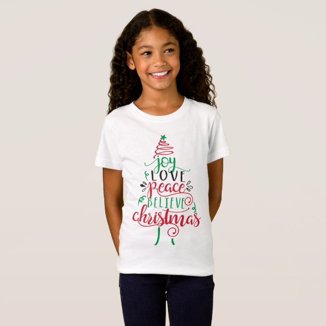Camiseta de Navidad Joy Love Peace Believe (Anverso completo)