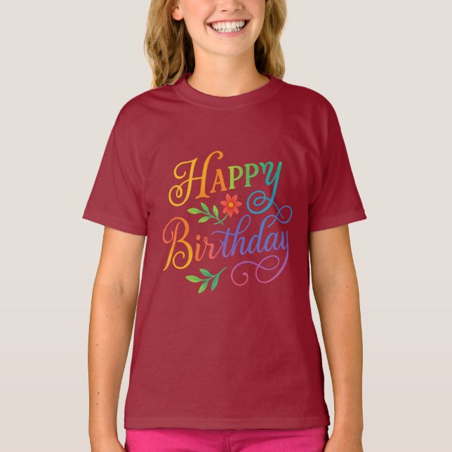Camiseta de niña con flores y 'Feliz Cumpleaños' c (Anverso)
