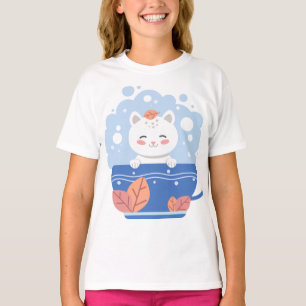 Camiseta de niña con gato Kawaii lindo en una taza