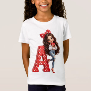Camiseta de niña con letra A de monograma Kawaii l