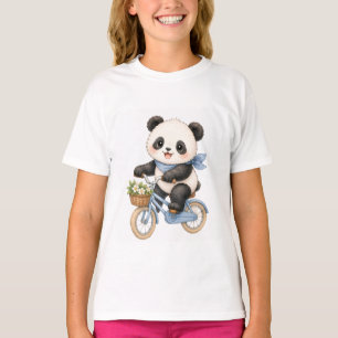 Camiseta de niña con oso panda lindo montando bici