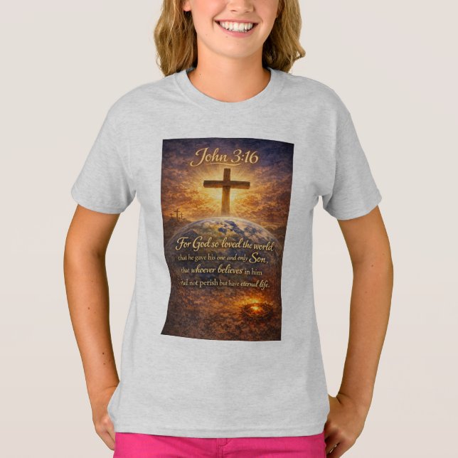 Camiseta de niña con versículo bíblico Juan 3:16 (Anverso)