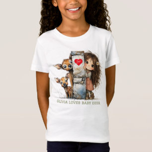 Camiseta de niña curiosa y cervatillo lindo