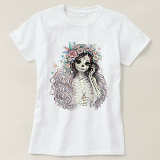 Camiseta de niña de cráneo de azúcar gótico con co