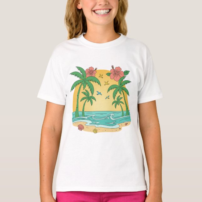 Camiseta de niña para playa tropical Palm Paradise (Anverso)