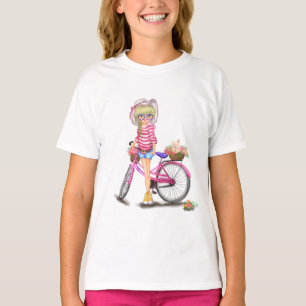 Camiseta de niña rubia con bicicleta rosa