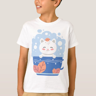 Camiseta de niño con gato Kawaii lindo en una taza