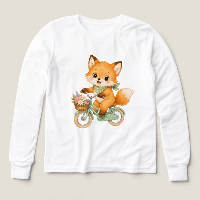Camiseta de niño de zorro montando bicicleta verde (Diseño frontal)