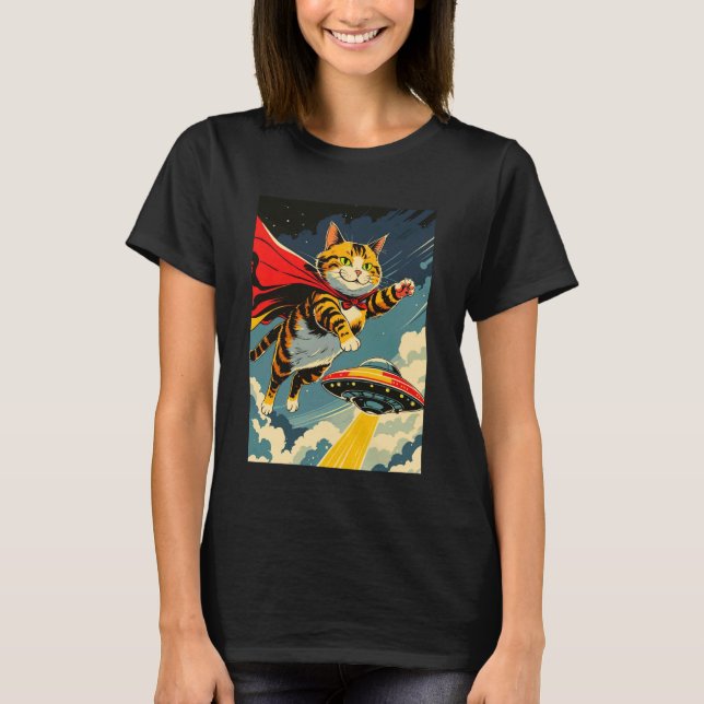 Camiseta de novedad de gato volando con ovni, lind (Anverso)