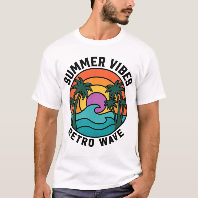  Camiseta de olas retro de verano con palmeras al  (Anverso)
